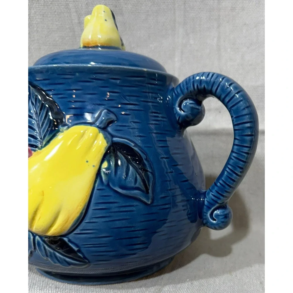 Vintage Cobalt Blue Ceramic Teapot Fruit Relief Apple Pear Made in Japan 7x8